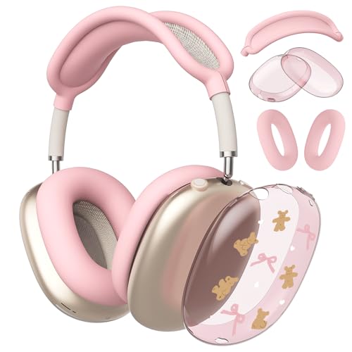 Cute Pink Bow Bear Clear Case for Airpods Max Headphones Lovely Girl Print Soft TPU Ear Cups Cover Anti-Scratch Silicone Ear Pad Protective Case 53 Headband Cover for Apple Airpods Max - color: Bow bear 08