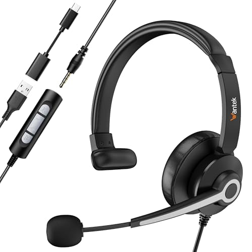 Wantek Headset with Mic, USB Headset with Microphone for PC, Computer Headset with Noise Cancelling Microphone with Mute in-line Control for Office Online Class Skype Zoom Meetings - color: Monaural-3.5MM+USB