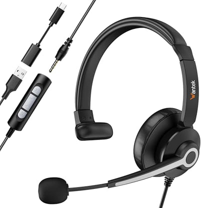Wantek Headset with Mic, USB Headset with Microphone for PC, Computer Headset with Noise Cancelling Microphone with Mute in-line Control for Office Online Class Skype Zoom Meetings - color: Monaural-3.5MM+USB