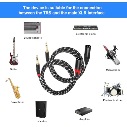 XLR Male to 1/4 (6.35mm) TRS Mono Jack Microphone Cable, 6.6 FT, 2 Pack, Black and White Grid Protective Layer, Balanced 3 Pin to Quarter inch TRS Plug, Pure Copper and Plated Conductors - size: 6.6 FT 2 Pack, style: B/W 6.35 to XLR male