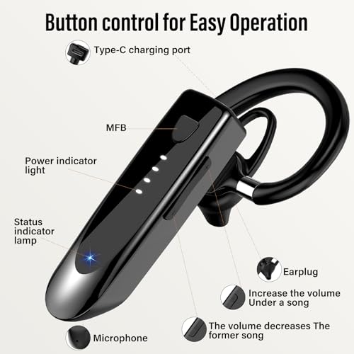 Atheewon Bluetooth Earpiece, Wireless Handsfree with Noise Cancelling Mic, 20Hrs Call Time Bluetooth 5.4 Headset, 180 Hrs Standby Time Headset for Business/Trucker/Driver - color: Glossy Black