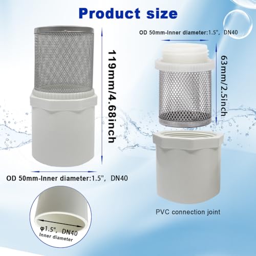 1.5" Stainless Steel Filter Cover Connected to 1.5 inch/DN40 PVC Water Pipe, Suction Strainers Used to Remove Debris and Reduce Solid Entry - size: 1.5"DN40