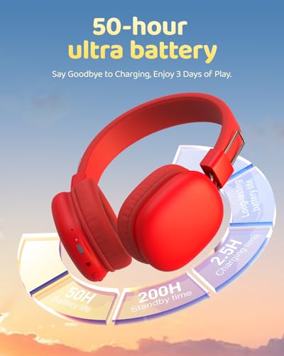 awatrue Kids Over-Ear Bluetooth Headphones, 85dBA Safe Volume, Red | Built-in Microphone, Bluetooth 5.4, Foldable, 50H Playtime, USB-C Charging - color: Red