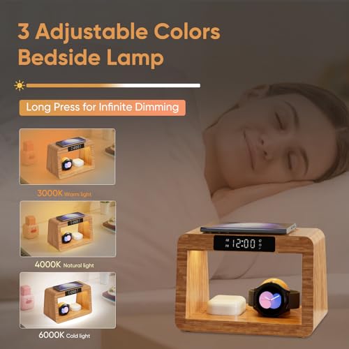 Bamboo Wireless Charging Station, 5 in 1 Charging Station with Light & Alarm Clock for Samsung & Android Phone, Wireless Phone Charger Station Only for Samsung Watch