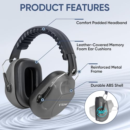 TICONN Noise Cancelling Ear Muffs for Adults, SNR 33dB Hearing Protection, Adjustable Safety Earmuffs for Construction - color: Dark Gray