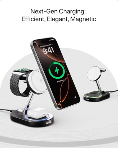 Charging Station for MagSafe Charger,Wireless Charging Station for iPhone MagSafe Charger,Intoval 3 in 1 Fast Magnetic Stand for iPhone 16/15/14/13 Apple Watch 10, Airpods. (Black) - color: Black