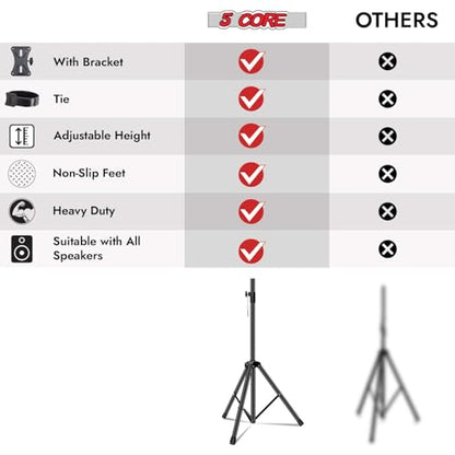 5 Core Speaker Stand Universal Mount Steel Construction 132 Lbs Capcity Stable Tripod w/Adjustable Height 72” w 35mm Compatible Insert Metal Safety Pin Black