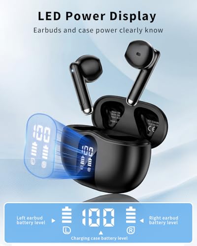 Wireless Earbuds, 2026 Bluetooth 5.4 Headphones Bass Stereo Ear Buds with Noise Cancelling Mic, LED Display in Ear Earphones 50H Playtime Ear Buds, IP7 Waterproof for Laptop Pad Phones Deep Black - color: Deep Black