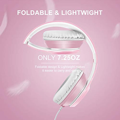 LORELEI X8 Over-Ear Wired Headphones with Microphone with 1.45m-Tangle-Free Nylon Line&3.5mm Plug,Lightweight Foldable & Portable Headphones for Smartphone,Tablet,Computer,Mp3/4（Pearl Pink） - color: Pearl Pink