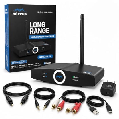 Long Range Bluetooth Audio Transmitter or Receiver for TV Home RTX 2.0 | TV PC stereo, Connect speakers, headphones & phones, aptX Low Latency, Optical RCA & 3.5mm, HD audio