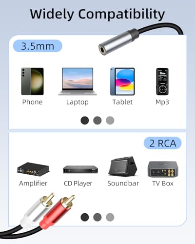 RCA to 3.5mm Aux Cable,3.5mm to 2 RCA Stereo Audio Y Splitter Cable,1/8 Female to 2RCA Male Headphone Jack Audio Adpter for Phone,Tablet,Computer,MP3,Speaker (1Ft/2Pack) - style: female to male