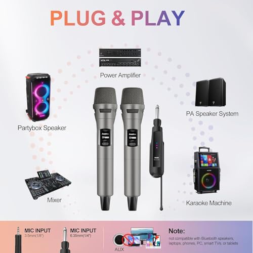 Aveek Wireless Microphone 2-Pack, 100ft Range,10Hs Battery for Karaoke - color: Gray