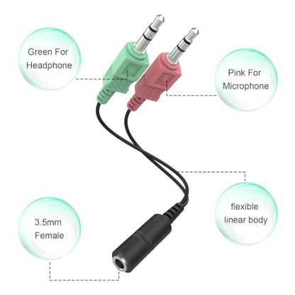 3.5mm Headphone Splitter Cable – 1 Female to 2 Male Audio Adapter for Mic & Aux, Compatible with PC, Laptop, Mac, Tablet