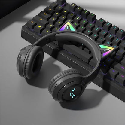 Cat-Ear Wireless Headphones Bluetooth 5.3 Over the Ear Headphones with RGB Light Built-in Mic Foldable Fashionable Stereo Headset Support TF Card for Gaming Travel PC Phone iPad（Matte Black） - color: Matte Black