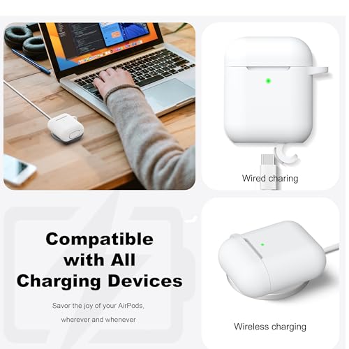 R-fun for AirPods 2nd/1st Case Silicone Cover, White | Compatible with Apple AirPods 2nd/1st (2019/2016) Generation with Keychain & Cleaner Kit, Wireless Charging Compatible - color: E1-White