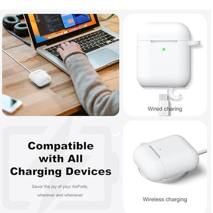 R-fun for AirPods 2nd/1st Case Silicone Cover, White | Compatible with Apple AirPods 2nd/1st (2019/2016) Generation with Keychain & Cleaner Kit, Wireless Charging Compatible - color: E1-White