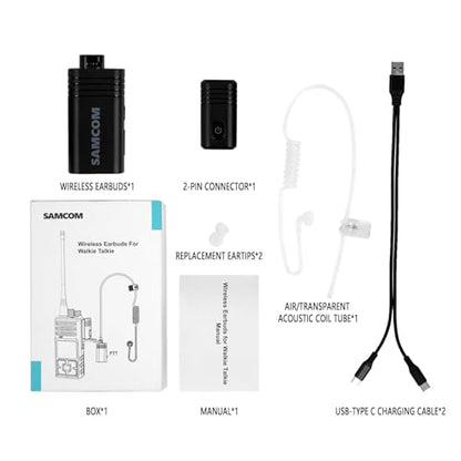 SAMCOM BTEAR01 Wireless Headset Earpiece Ear piece Clear Acoustic Tube | with PTT Microphone Mic 2 Pin Dongle 10 Working Hours for K plug FPCN30A/FPCN10A Radios,Radios Not Include - size: Wireless Earpiece