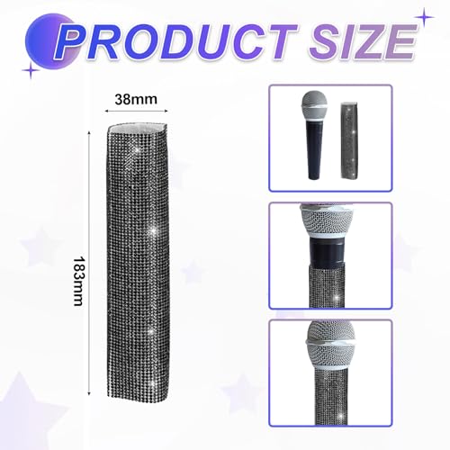 MECCANIXITY Black Mic Handle Cover, Rhinestones Microphone Handle for Most Universal Wireless Microphones, Mic Not Included(with Grey Velvet Bag) - color: Black Grey