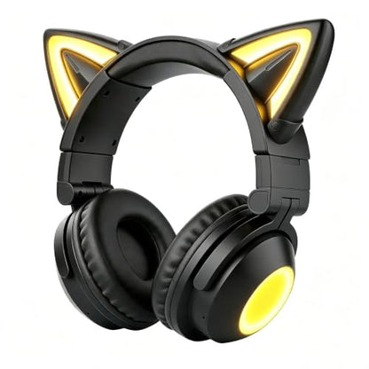 Cat Ear Bluetooth Headphones for Kids,Over Ear Headphones with Microphone | LED Foldable Wired & Wireless Gaming Headset,Cute Headphones for Kids for School,Compatible with Phone/PC/Tablet/TV,Black - color: Black