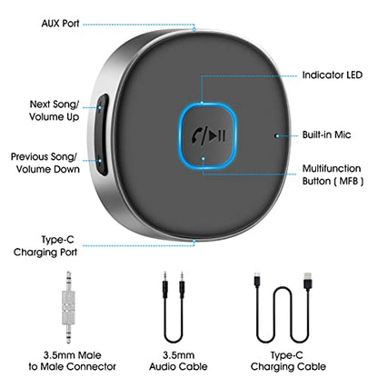 Bluetooth Receiver, LAICOMEIN Portable 3.5mm Aux Car Adapter, Bluetooth Wireless Audio Receiver for Car/Home Stereo/Wired Headphones/Speaker, 16H Battery Life