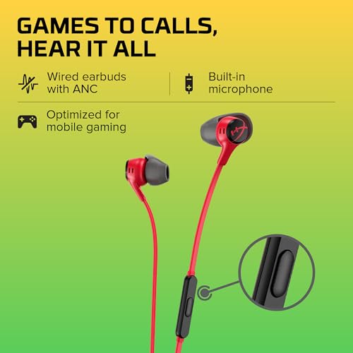 HyperX Cloud Earbuds II – 14mm Drivers, Four Eartips, Hard-Shell Carrying Case, Low-Profile 90° Plug, 3.5mm Plug, Built-in Microphone, Multi-Function Button, PC, Mobile, Nintendo Switch – Red - color: Red