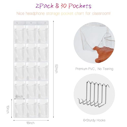 2 Pack Classroom Headphone Storage Organizer with 30 Pockets, PVC Clear Classroom Pocket Chart for Headphone Cell Phone Over-the-Door Hanging Headphone Holder Bag with 62 Labels(White) - size: 2 Pack