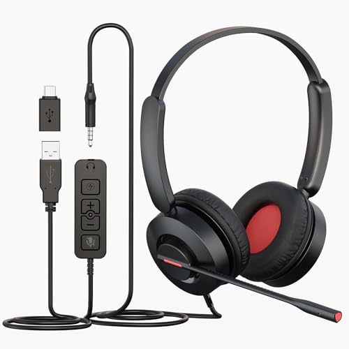 MAIRDI 마이크가 있는 USB 헤드셋, 7.1 서라운드 사운드, USB-A/타입 C/3.5mm 3-in-1 유선 헤드셋, 마이크 노이즈 캔슬링 및 음소거 포함, 노트북 홈 워크 오피스 콜센터 팀 줌용 컴퓨터 헤드폰 - color: 블랙.