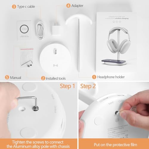 Miroddi Headphone Stand with Wireless Charger, Independent USB Charging Port, 5 in 1 Charging Station Headset Holder Rack for AirPods Max/Pro/4/3/2, iWatch, iPhone, Samsung and Desk Headphones, White - color: White
