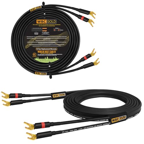 WORLDS BEST CABLES 10 Foot WBC-GOLD-LOCAP-SPKR-12 AWG - Low-Capacitance - Low-Inductance - High Purity OFC - Audiophile HiFi Speaker Cable Pair with Eminence Gold Spade Plugs - size: 10 FT, style: 2 Cables - Spade-Spade