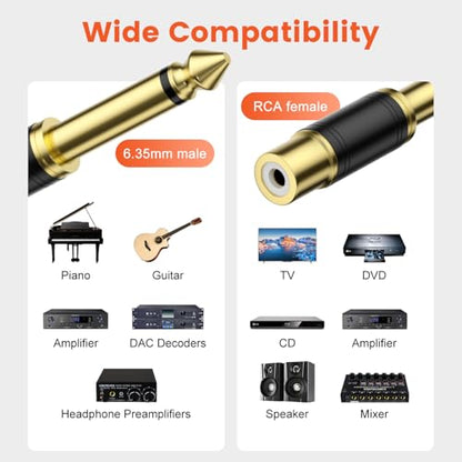 VANAUX 2-Pack RCA to 1/4 Inch Audio Adapter, 6.35mm TS Mono Plug Male to RCA Female Connectors, Gold-Plated - size: 2PCS-black, style: RCA Female to 1/4 Inch Male