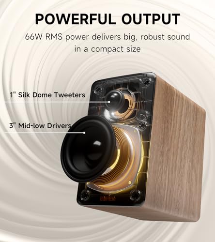 Edifier M60 Multimedia Speaker, 66W RMS Computer Speaker, Classic Oak | Bluetooth 5.3, Hi-Res Audio with LDAC, 3" Mid Bass & 1" Tweeter, USB-C AUX Inputs, Compact Desktop Speaker - color: Classic Oak