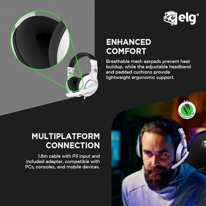 ELG Alcor Wired Gaming Headset, PC/PS4/PS5/Xbox/Switch/Mobile, 40mm Drivers, Omnidirectional Retractable Mic, in-Line Volume & Mute, Sport Mesh, RGB, White