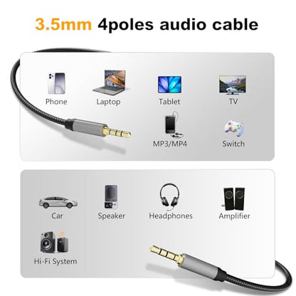 Male to Male Audio Cable 1Ft,3.5mm 4 Pole Nylon Braided Stereo Aux Cord for Headphones, PS4,Phone, Tablets, Headset, PC, Laptop and More(1Ft/0.3M) - size: 1 ft