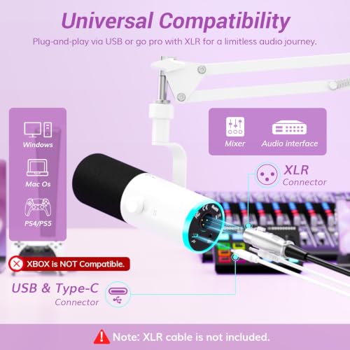TONOR Dynamic Gaming Microphone XLR/USB Mic with AI Noise Cancellation - color: White