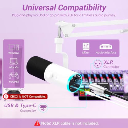 TONOR Dynamic Gaming Microphone XLR/USB Mic with AI Noise Cancellation - color: White