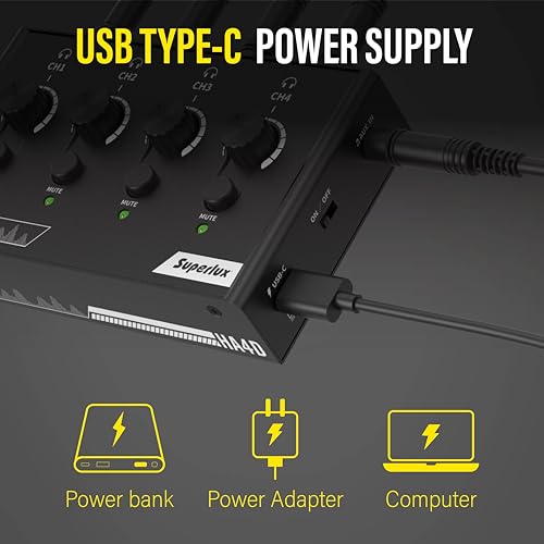 Superlux HA4D 4-Channel Headphone Amplifier, USB-C Power, Volume and Mute | For podcasts, classrooms and group recording; 4 independent 3.5mm outputs with volume and mute controls plus USB-C power.