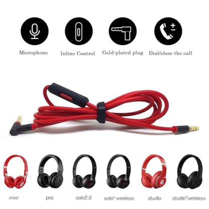 Replacement Solo4 Solo3 Audio Cable Cord Wire with in-line Microphone and Control Compatible with Beats Headphones Solo, Studio, Pro, Detox, Wireless, Mixr, Executive Headphones(Black Red) - color: Black Red