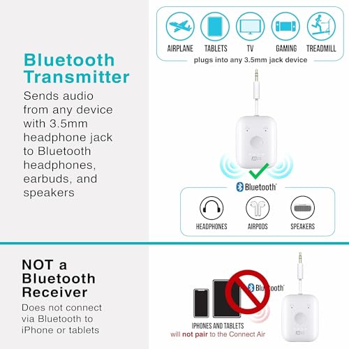 MEE Audio Connect Air in-Flight Bluetooth Wireless Audio Transmitter, with Extra Dual 3.5mm Jack AUX Adapter, for up to 2 AirPods/Other Headphones; Works with All 3.5mm Aux Jacks, White - color: White, style: Connect Air Bundle