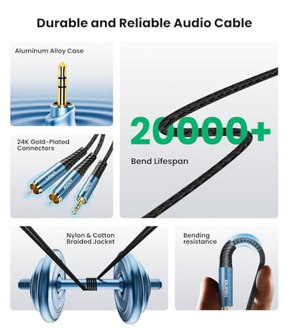 Tisino 3.5mm TRS Aux to 2 RCA Audio Cable Adapter Aux Cable, 10FT/3m - size: 10 ft
