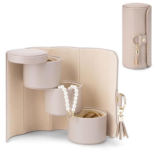 VLANDO Travel Jewelry Organizer, 3 Tier Roll Up Design, Hard Shell Storage | Stepped Sections Compartments Keep Jewelry Visible, Soft Lining Protect Pieces, Snap Closure, Travel Gift for Women Girl - color: E.Grey