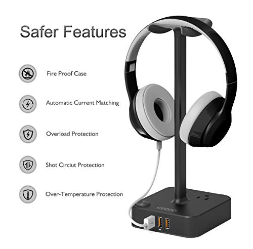 Headphone Stand with USB Charger Desktop Gaming Headset Holder Hanger with 3 USB Charging Station 2 Outlets Power Strip-Suitable for Gamer Desktop Table Earphone Accessories,Gifts for Boyfriend