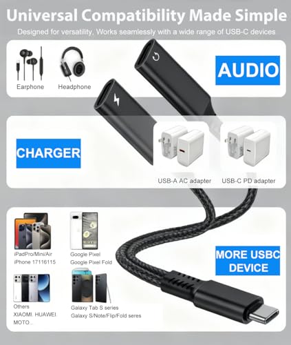 USB C Splitter 1 in 2 Out Dual Type C Headphone jack and Charger Adapter | 2in1 USB Type C Audio Jack Dongle with PD 60W Fast Charging Cable for iPhone 17 16 15 Pro Max, iPad, Samsung, LG More USBC