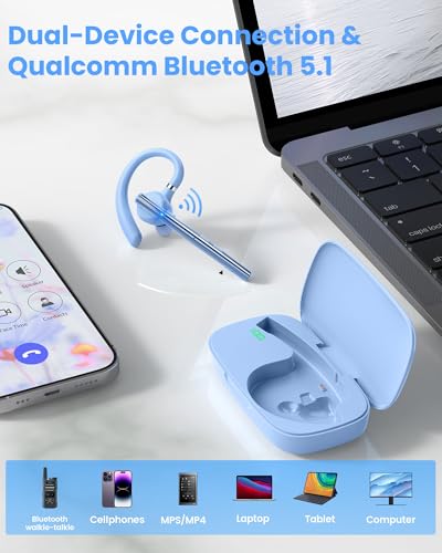 Bluetooth Headset,72H Work Single-Ear Wireless Earpiece for Cell Phone Call | 2 Charging Ways & 500mAh Charging Case,Dual Mic ENC Noise Cancel, Mute Button,V5.1 Hands-Free for Phone and Laptop - color: Light blue, style: M54