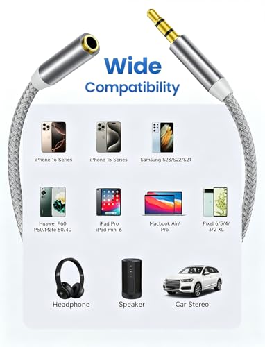 3.5mm Headphone Extension Cable 50FT, Male to Female TRS Stereo Cord | 1/8 Stereo Jack Cable Extender,24K Gold-Plated, Dual Shielding, Nylon Braided for Smartphones, Tablets, Media Player - size: 50FT