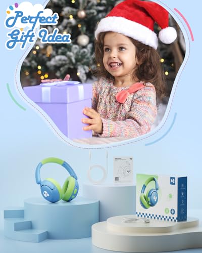awatrue Kids Bluetooth Headphones, 85dB Volume Limiter, Blue Green HK02 | Foldable Wireless, Bluetooth 5.4, 75H Playtime, Built-in Mic, for iPad & Travel - color: Blue-Green