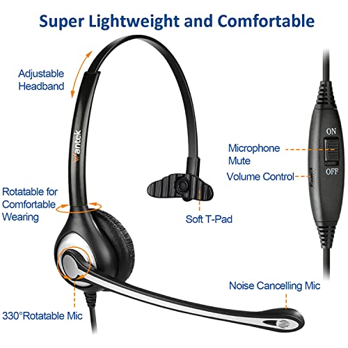 Wantek Phone Headset with Microphone Noise Cancelling, RJ9 Office Telephone Headsets Compatible with Yealink T20P T21P T26P T23G T46G T48G T42S T46S Avaya 1608 9608 9611 Grandstream Panasonic Snom - color: Grey