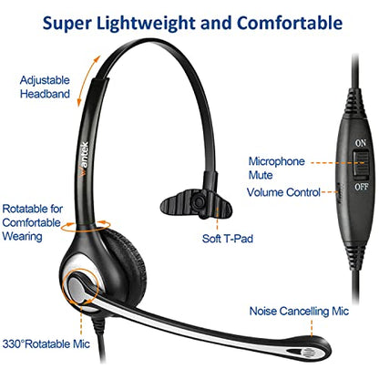 Wantek Phone Headset with Microphone Noise Cancelling, RJ9 Office Telephone Headsets Compatible with Yealink T20P T21P T26P T23G T46G T48G T42S T46S Avaya 1608 9608 9611 Grandstream Panasonic Snom - color: Grey