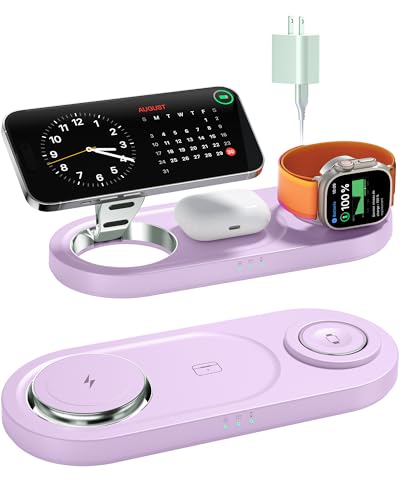 Foldable 3 in 1 Wireless Charging Station for Apple Mag-Safe Charger Stand | Fast Magnetic Wireless Charger Station for iPhone 17 Air 16 15 14 13 12, Apple Watch, AirPods Pro/4/3/2, and More (Purple) - color: Purple