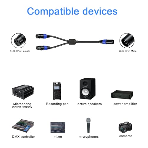 1 Pack XLR Splitter Cable 1.6 FT, 1 Male to 2 Female Patch Y Cable, Balanced Microphone Splitter Cord Audio Adaptor, Used for Microphone, Effector, Mixer, Equelizer, DMX LED, Amplifier, Guitar - size: 1.6 Foot, 1 Pack, style: 1 Male to 2 Female