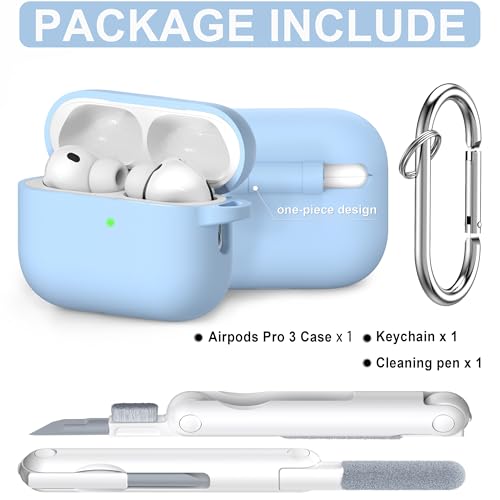 RFUNGUANGO AirPods Pro 3 Case Silicone Protective Cover, Sky Blue | Compatible with AirPods Pro 3rd Generation, Wireless Charging Compatible with Cleaning Kit & Keychain - color: B-Sky Blue, size: AirPods Pro 3 Case